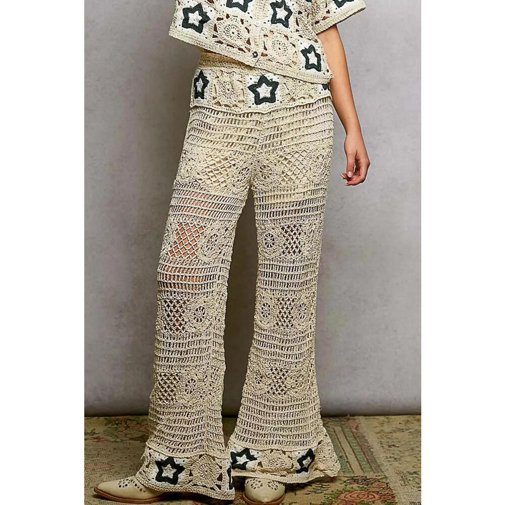 Pol Openwork Crochet Flare Pants With Contrast Star
